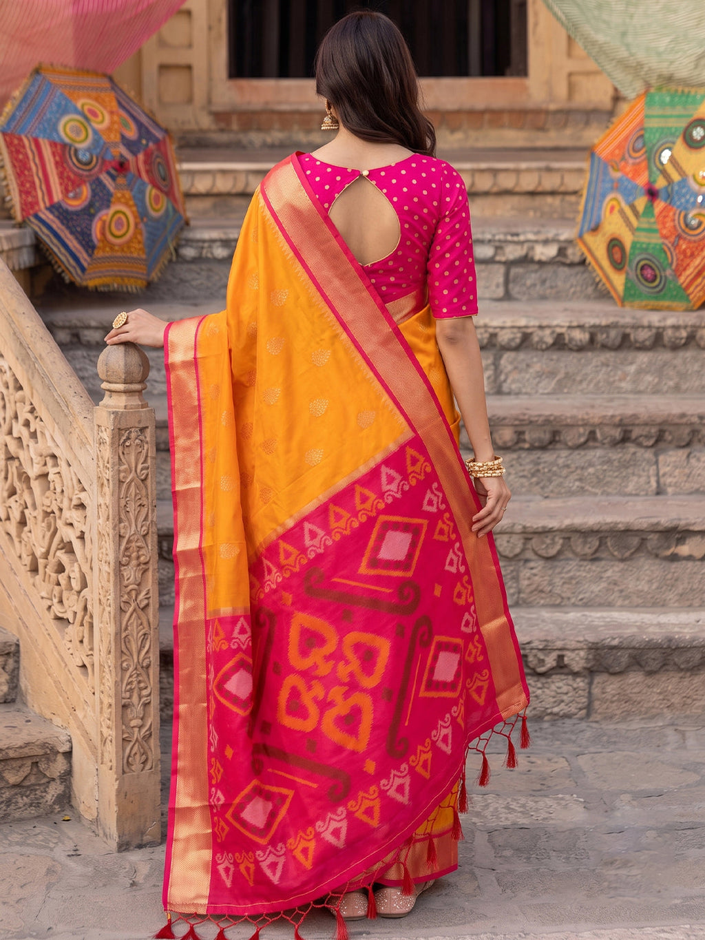 Shree Shyam Fashion Yellow & Rani Pink Woven Work Soft Silk Fabric Festive Wear Saree With Blouse | Grocsy