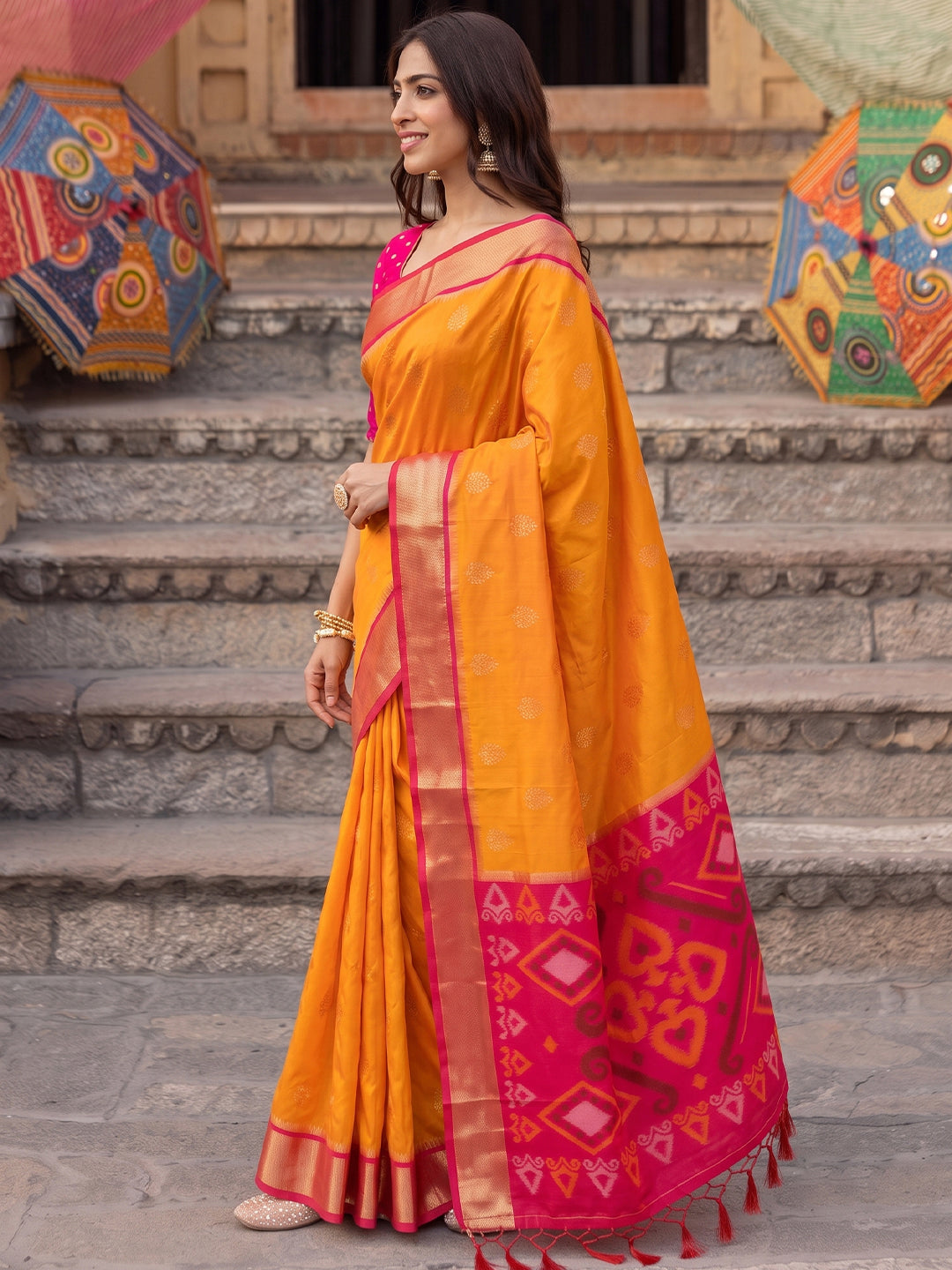 Shree Shyam Fashion Yellow & Rani Pink Woven Work Soft Silk Fabric Festive Wear Saree With Blouse | Grocsy