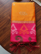 Shree Shyam Fashion Yellow & Rani Pink Woven Work Soft Silk Fabric Festive Wear Saree With Blouse | Grocsy