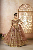 Kesar Fab Coffee Banarasi Silk Embroidered Lehenga | Grocsy