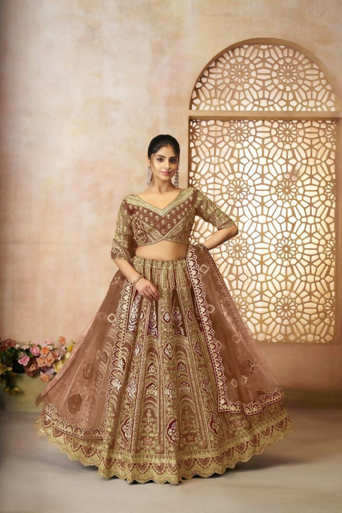 Kesar Fab Coffee Banarasi Silk Embroidered Lehenga | Grocsy