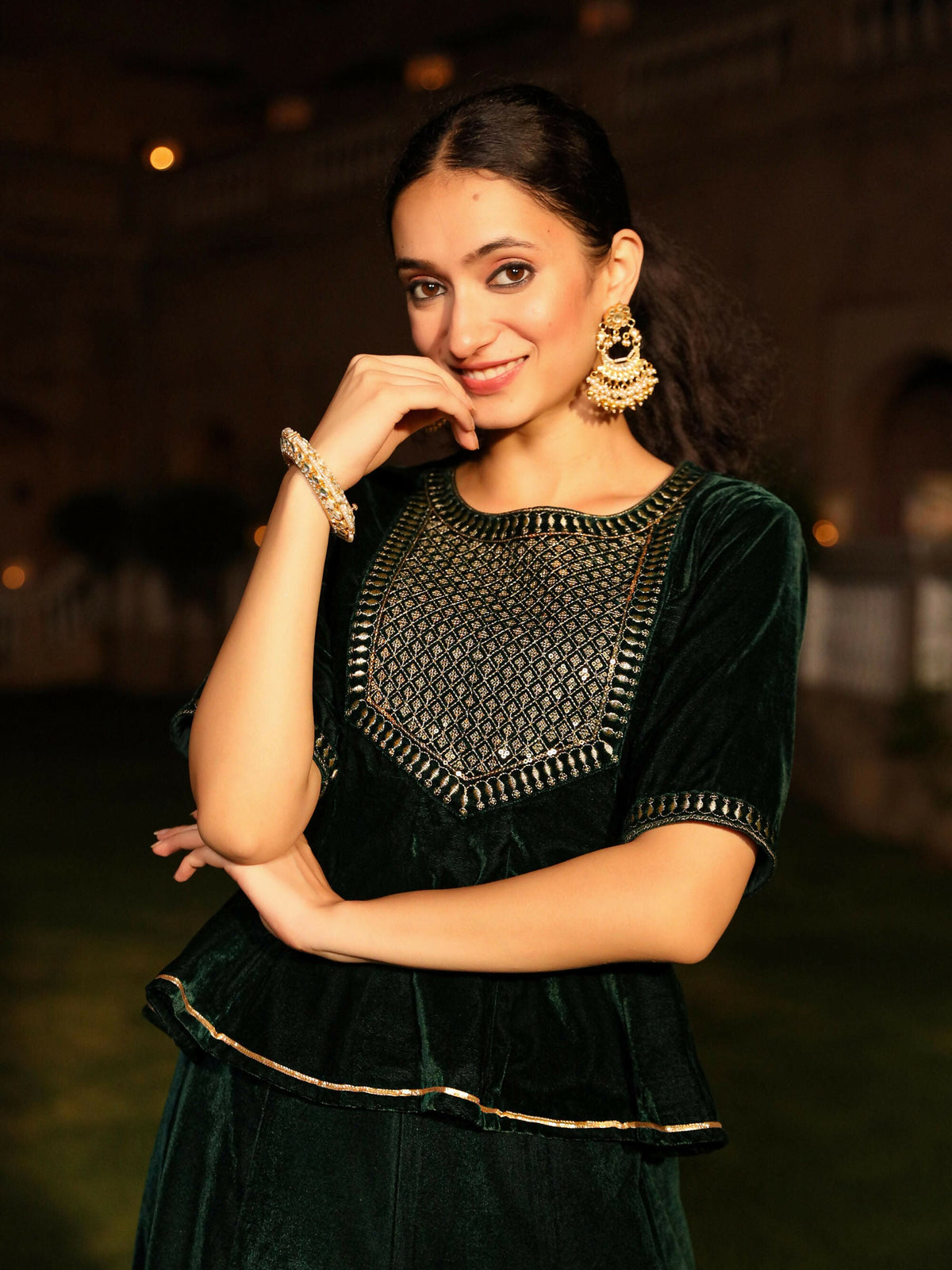 Juniper Women's The Sunehri Green Zari Embroidered Velvet Top & Skirt Set With Sequins & Lace | Grocsy