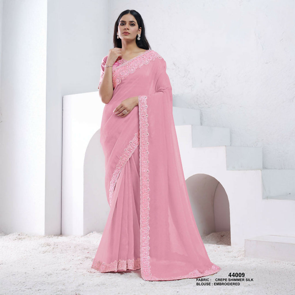 Light Pink Crepe Shimmer Silk Diamond With Hand Work Saree With Unstitched Blouse - Norita Swaraa | Grocsy