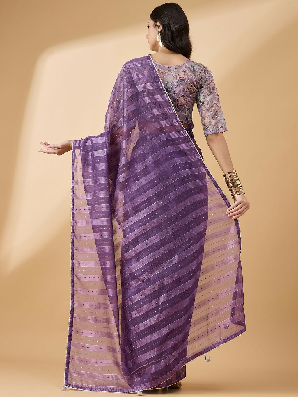 Purple Cotton Blend Sequence Work Saree with Stitched Blouse - Dharavi | Grocsy