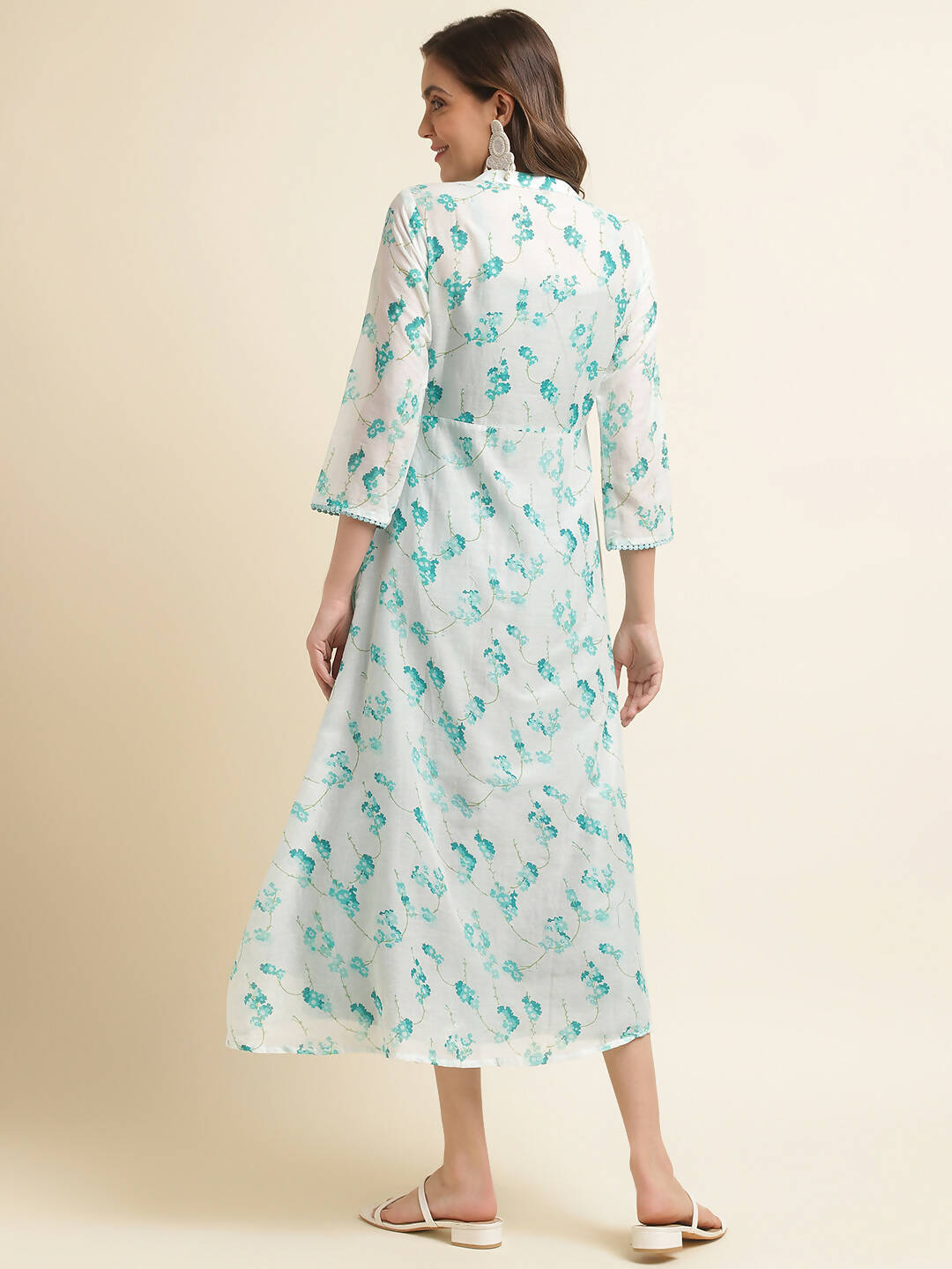 Light Blue Cotton Solid Flared Dress with Printed Shrug - Yukti | Grocsy