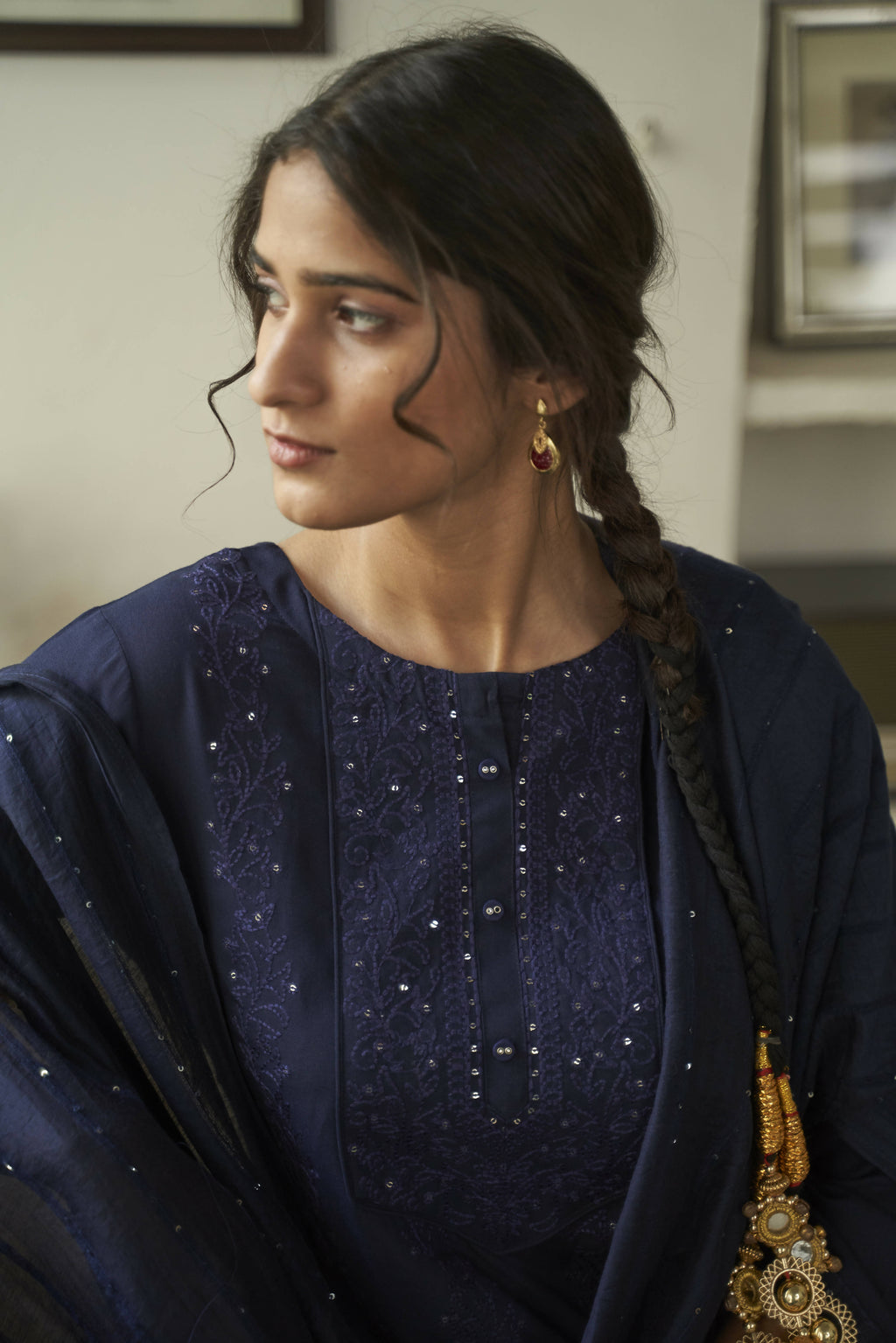 Navy Blue Rayon Sequence Embroidery work Straight kurta with Pant & Dupatta - Akashara | Grocsy