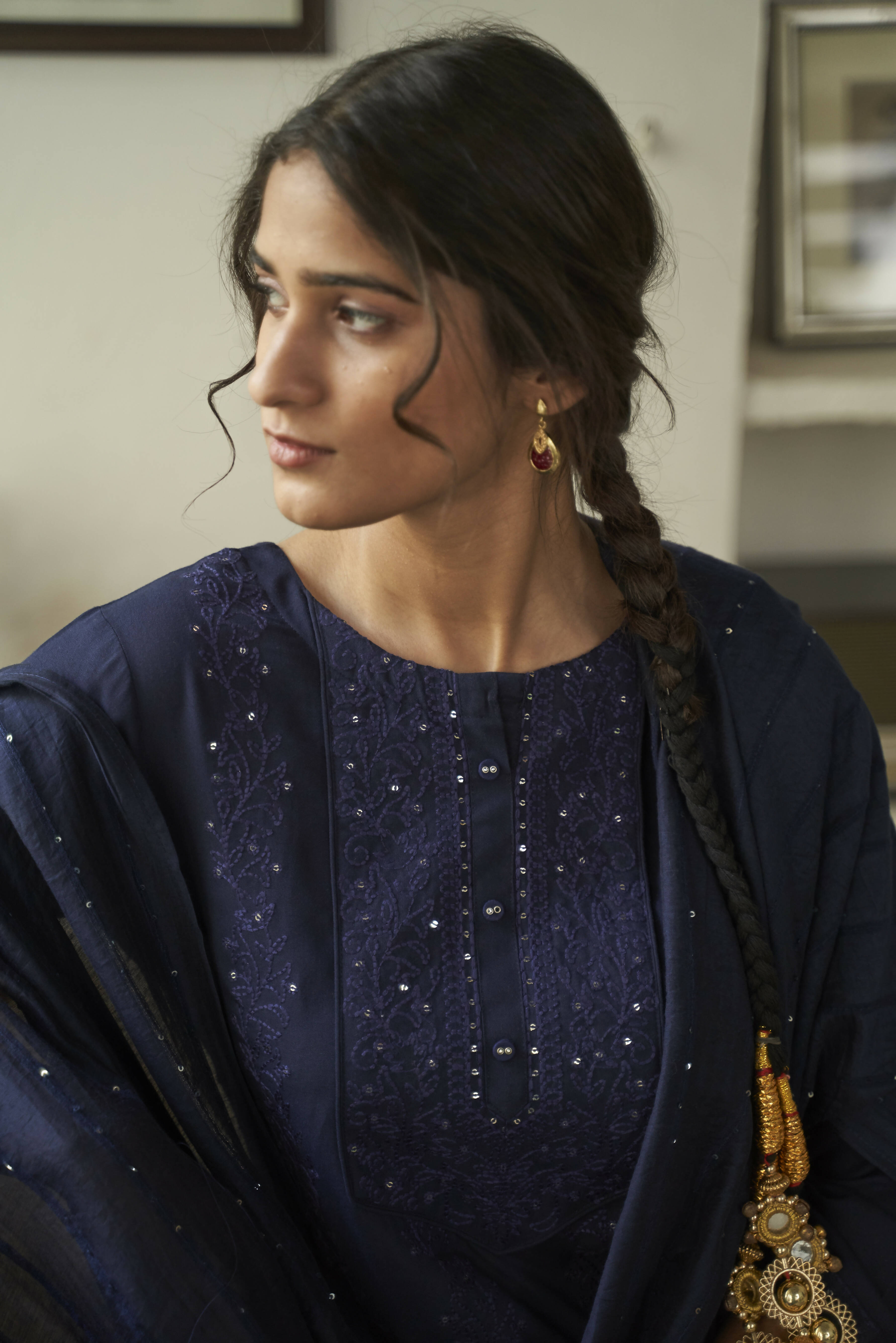 Navy Blue Rayon Sequence Embroidery work Straight kurta with Pant & Dupatta - Akashara | Grocsy
