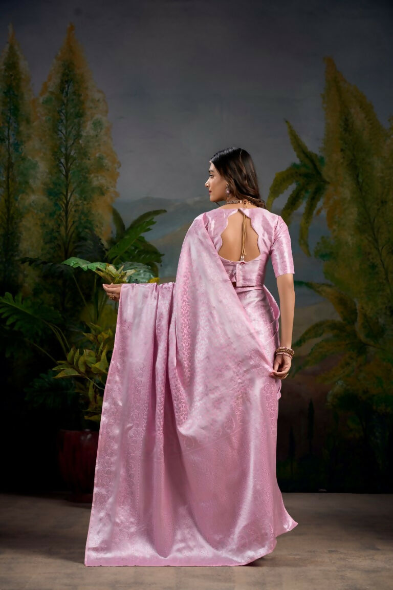 Vastranavya Baby Pink Kanjivaram Zari Weaving Work Saree with Unstitched Blouse | Grocsy
