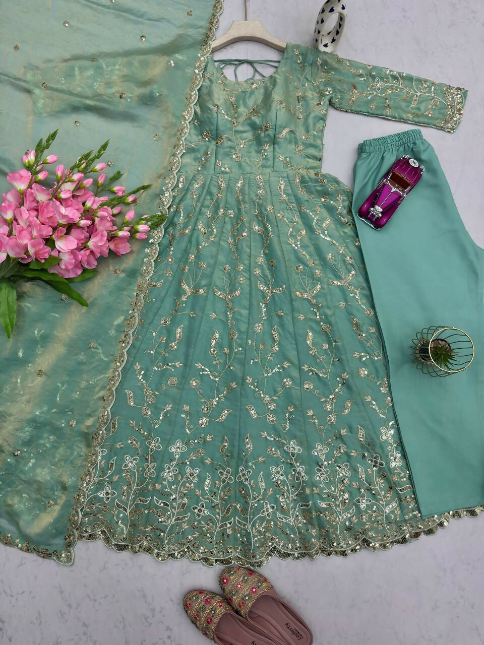 Teeya Creation Teal Color Faux Georgette Long Party Wear Gown | Grocsy