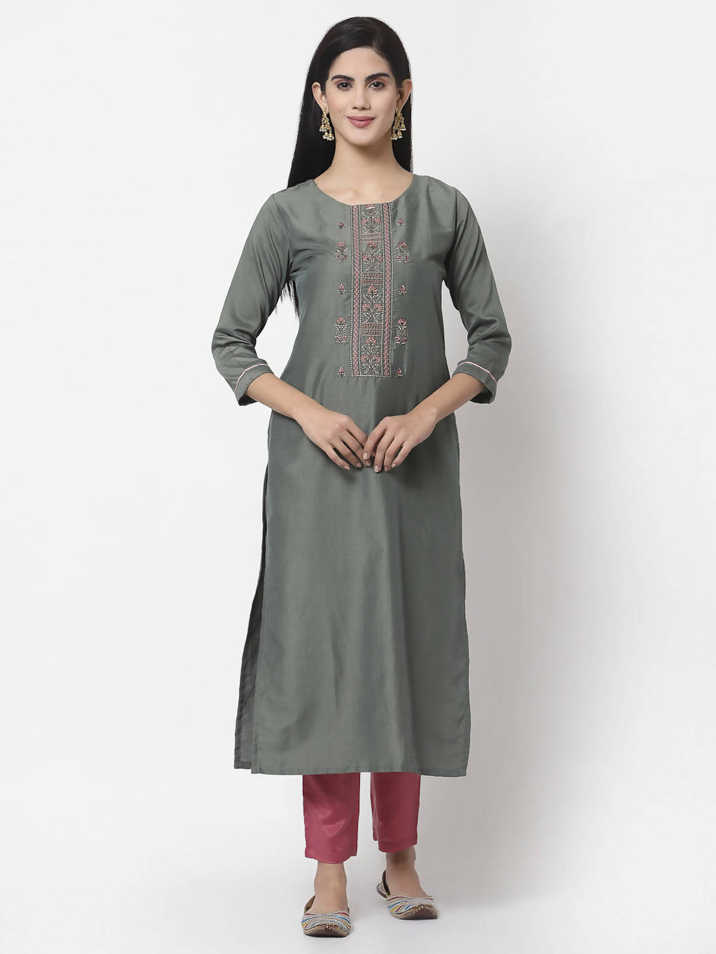 Myshka Women Grey Silk Blend Embroidered 3/4 Sleeve Round Neck Kurta Pant Dupatta Set | Grocsy