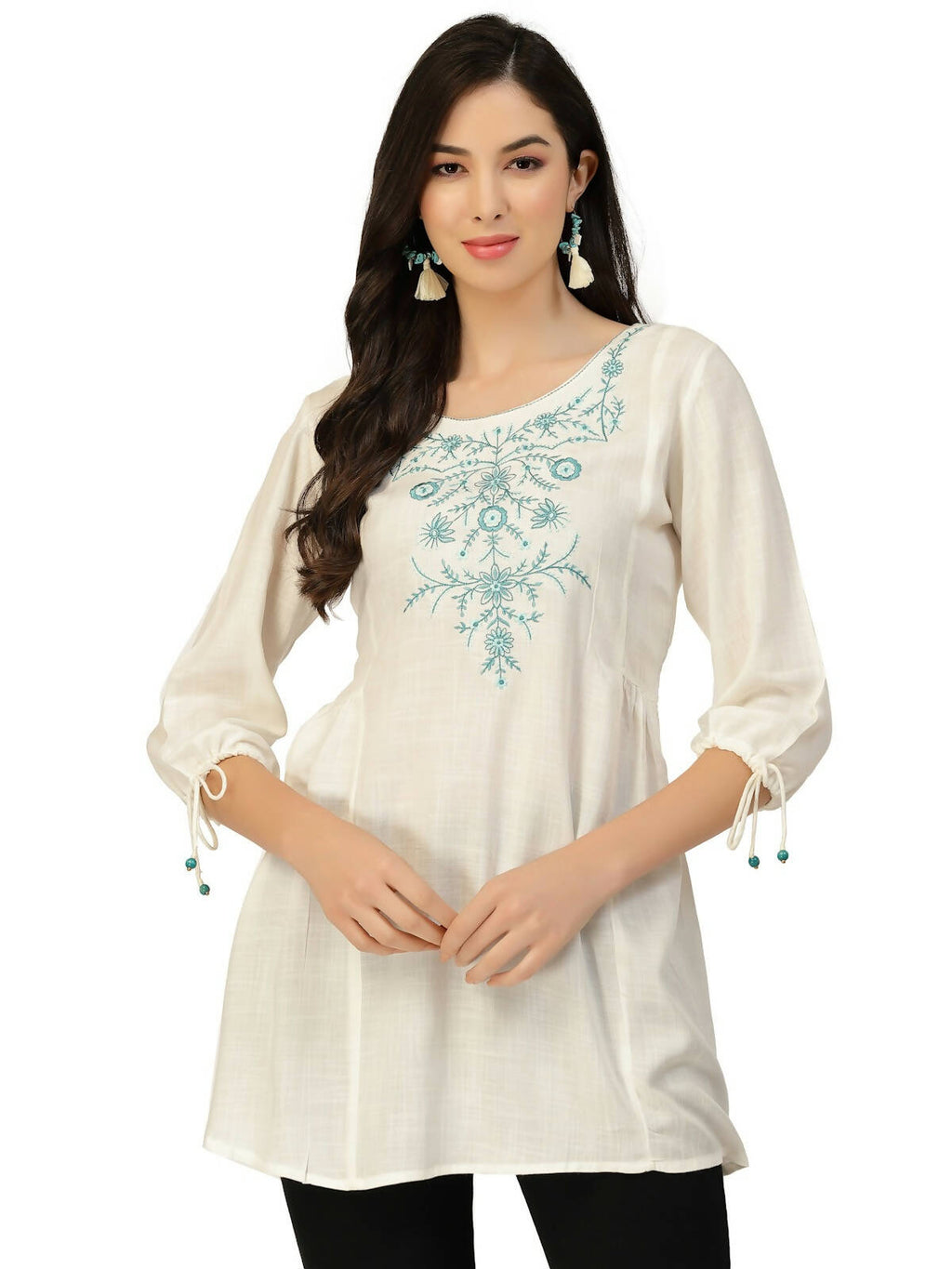 White Poly Rayon Floral Embroidered Top - Zeny | Grocsy