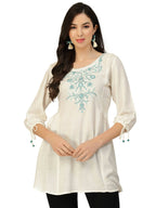 White Poly Rayon Floral Embroidered Top - Zeny | Grocsy