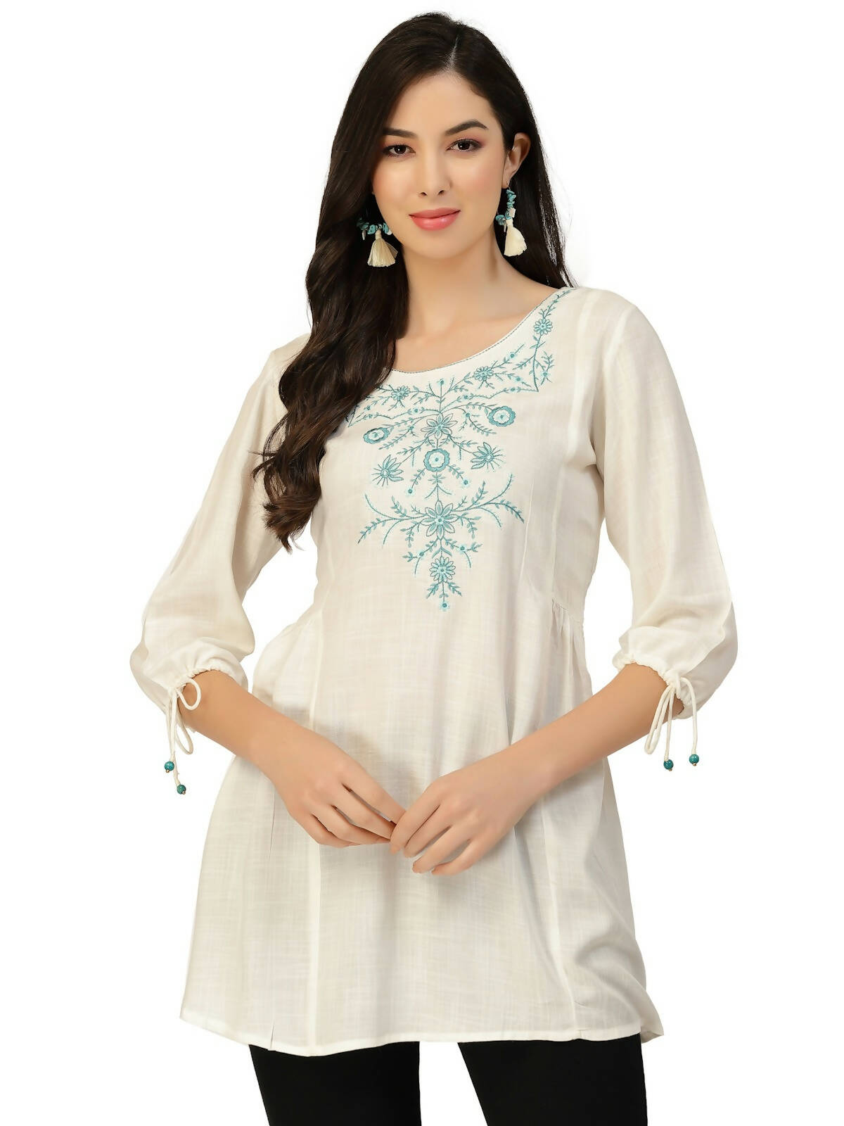 White Poly Rayon Floral Embroidered Top - Zeny | Grocsy