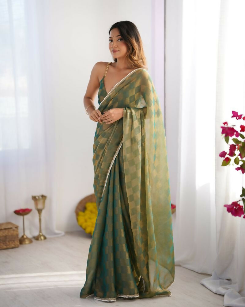 NC Chiffon Chex Wevon Chex Designer, Lace Party Wear Saree - Green | Grocsy