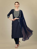 Jyoti Fashion Women's Navy Blue Silk Blend Embroidery & Sequence work Kurta with Trouser & Dupatta | Grocsy