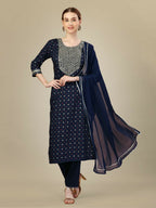 Jyoti Fashion Women's Navy Blue Silk Blend Embroidery & Sequence work Kurta with Trouser & Dupatta | Grocsy