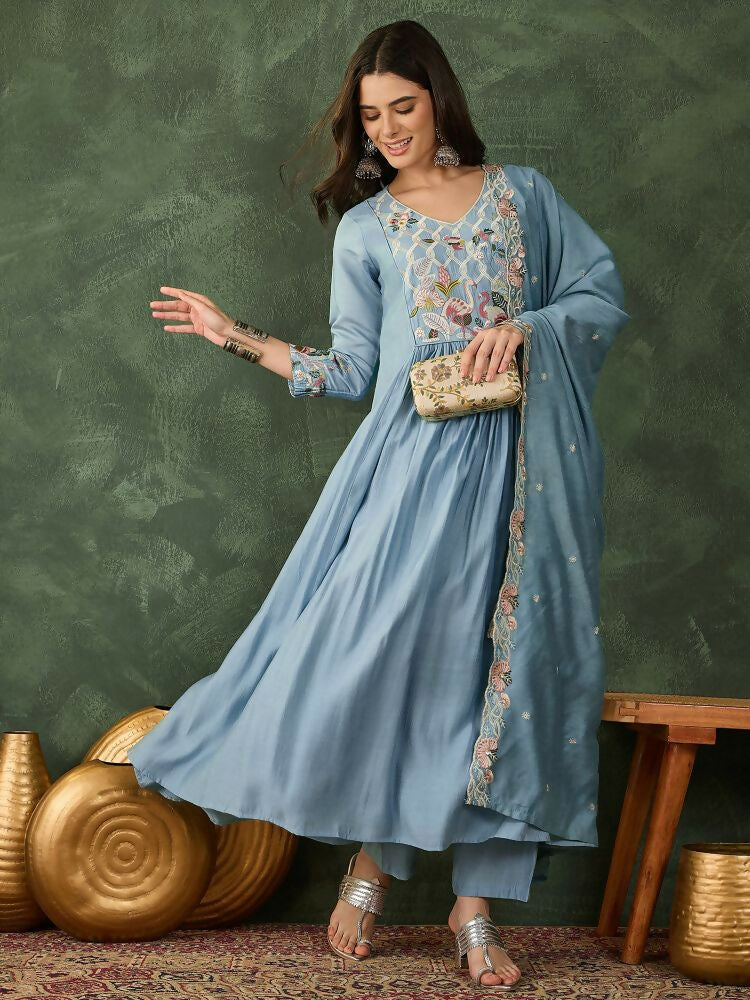 The52 Women's Beautiful Embroidery Work Silk Fabric Flared Kurta Pant and Dupatta Set | Grocsy