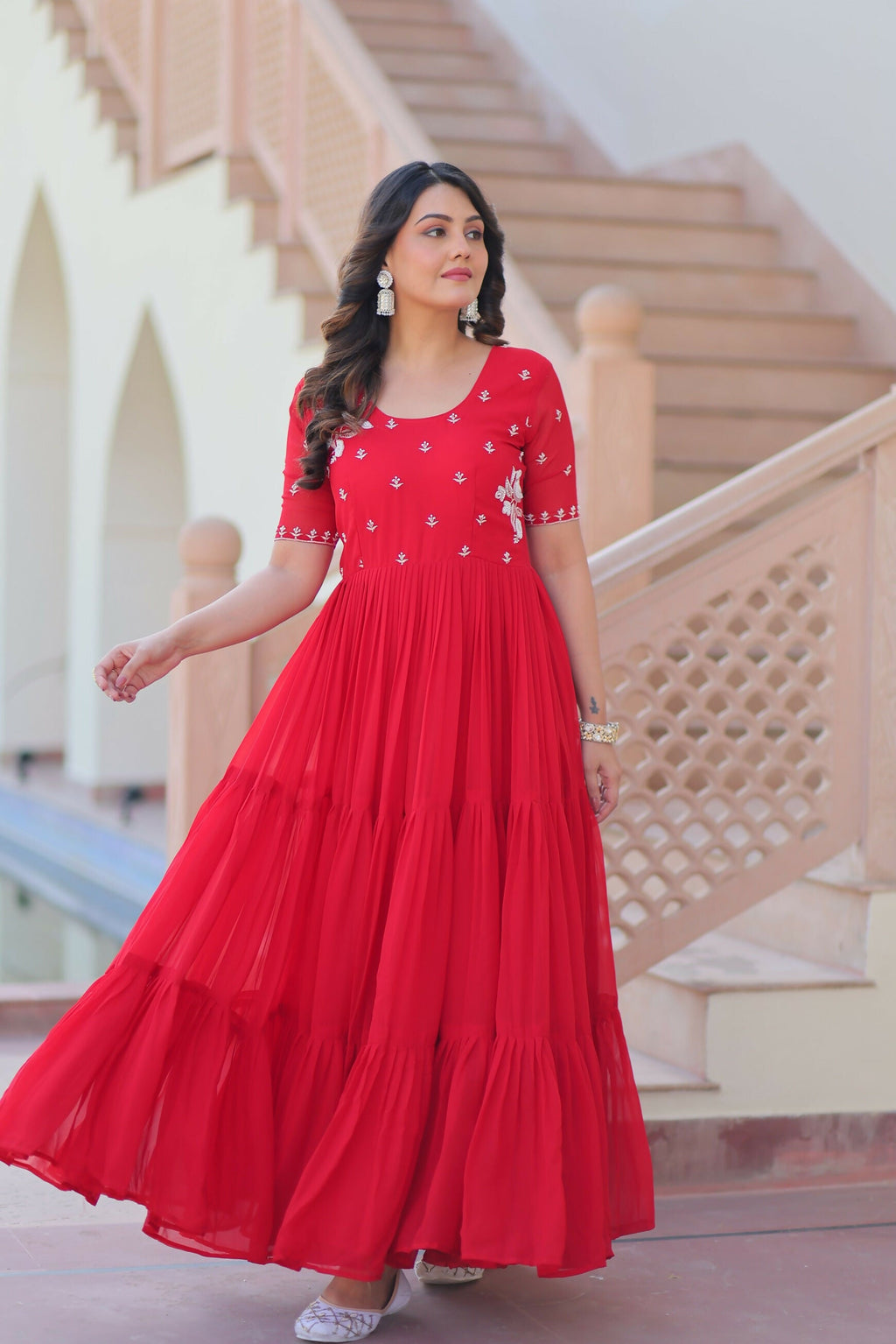 Joban Fashion Red Georgette Sequence Embroidery Work Gown | Grocsy