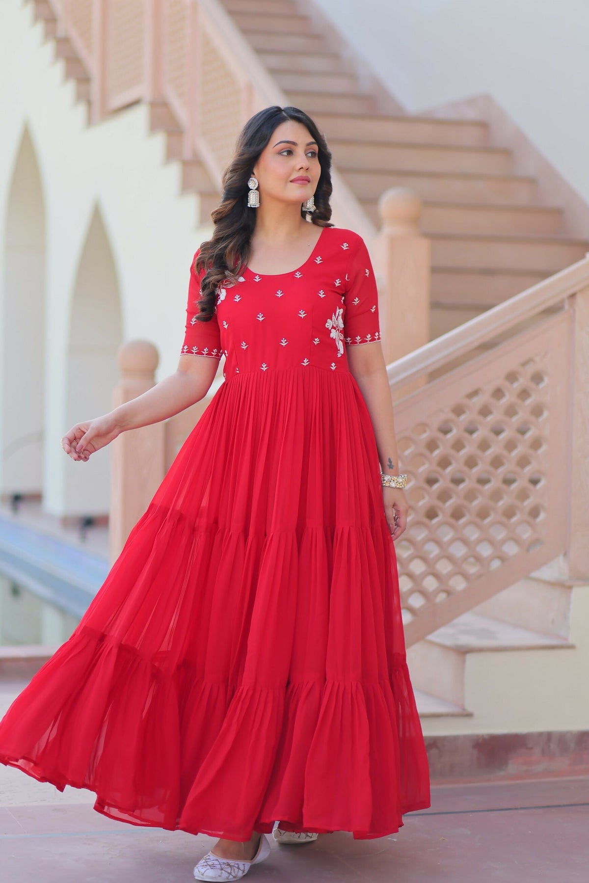 Joban Fashion Red Georgette Sequence Embroidery Work Gown | Grocsy