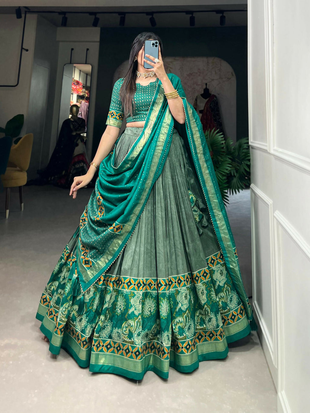 Vastranavya Floral Print With Foil Print Tussar Silk Lehenga with Unstitched Blouse - Sea Green | Grocsy