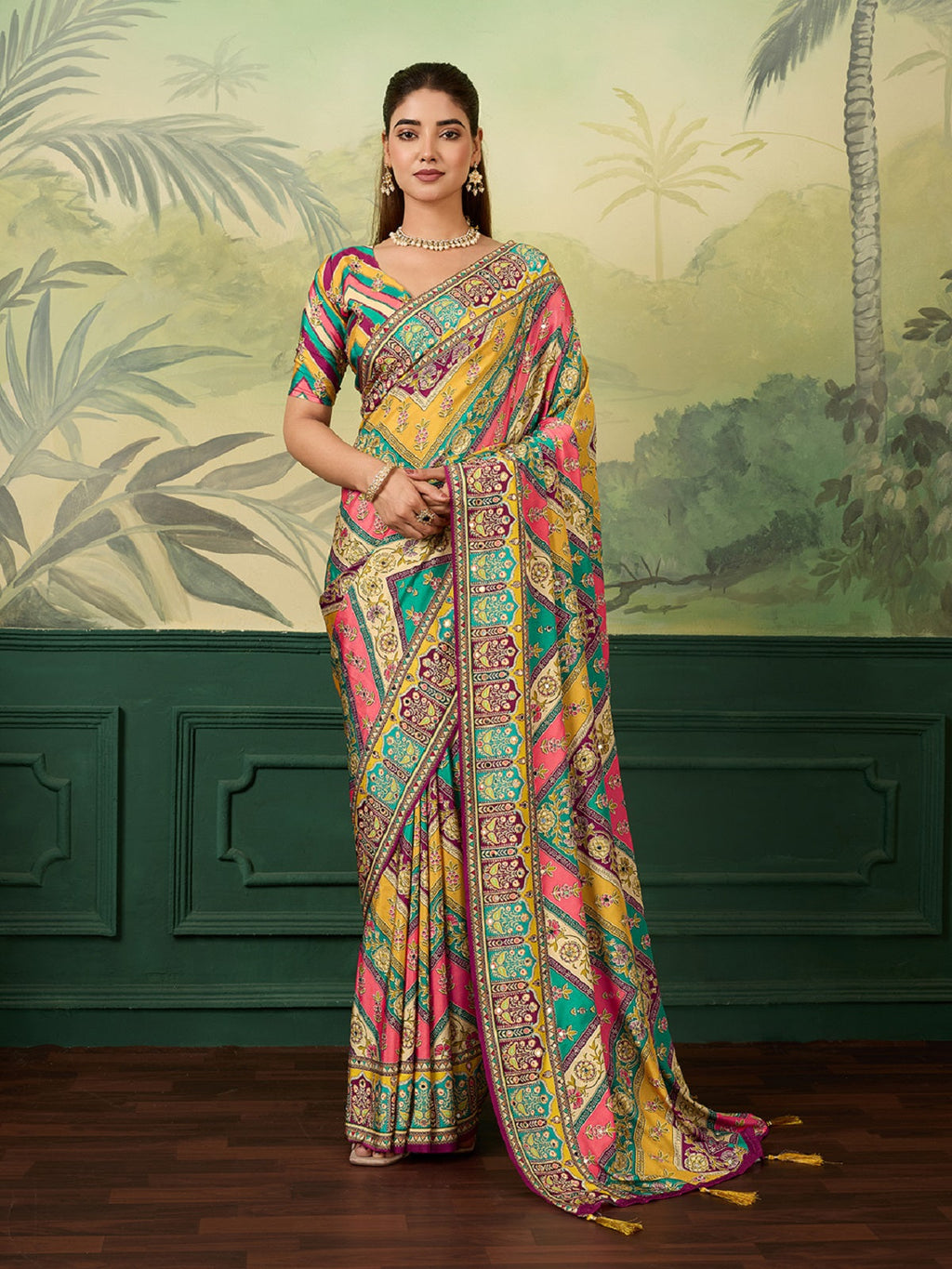 Dwija Fashion Women'S Pary Wear Printed Crep Silk Designer Saree With Unstitche Blouse-Multicolor | Grocsy