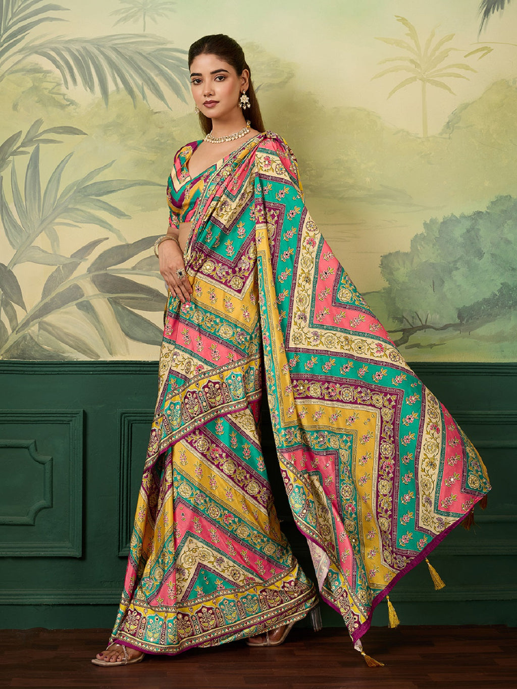 Dwija Fashion Women'S Pary Wear Printed Crep Silk Designer Saree With Unstitche Blouse-Multicolor | Grocsy