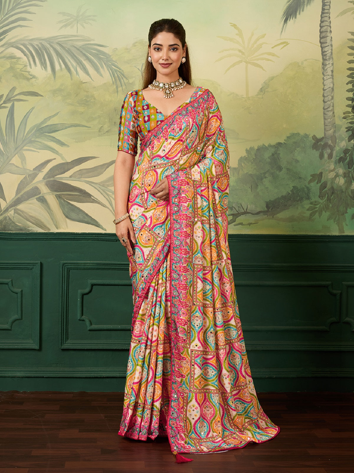 Dwija Fashion Women'S Pary Wear Printed Crep Silk Designer Saree With Unstitche Blouse-Multicolor | Grocsy
