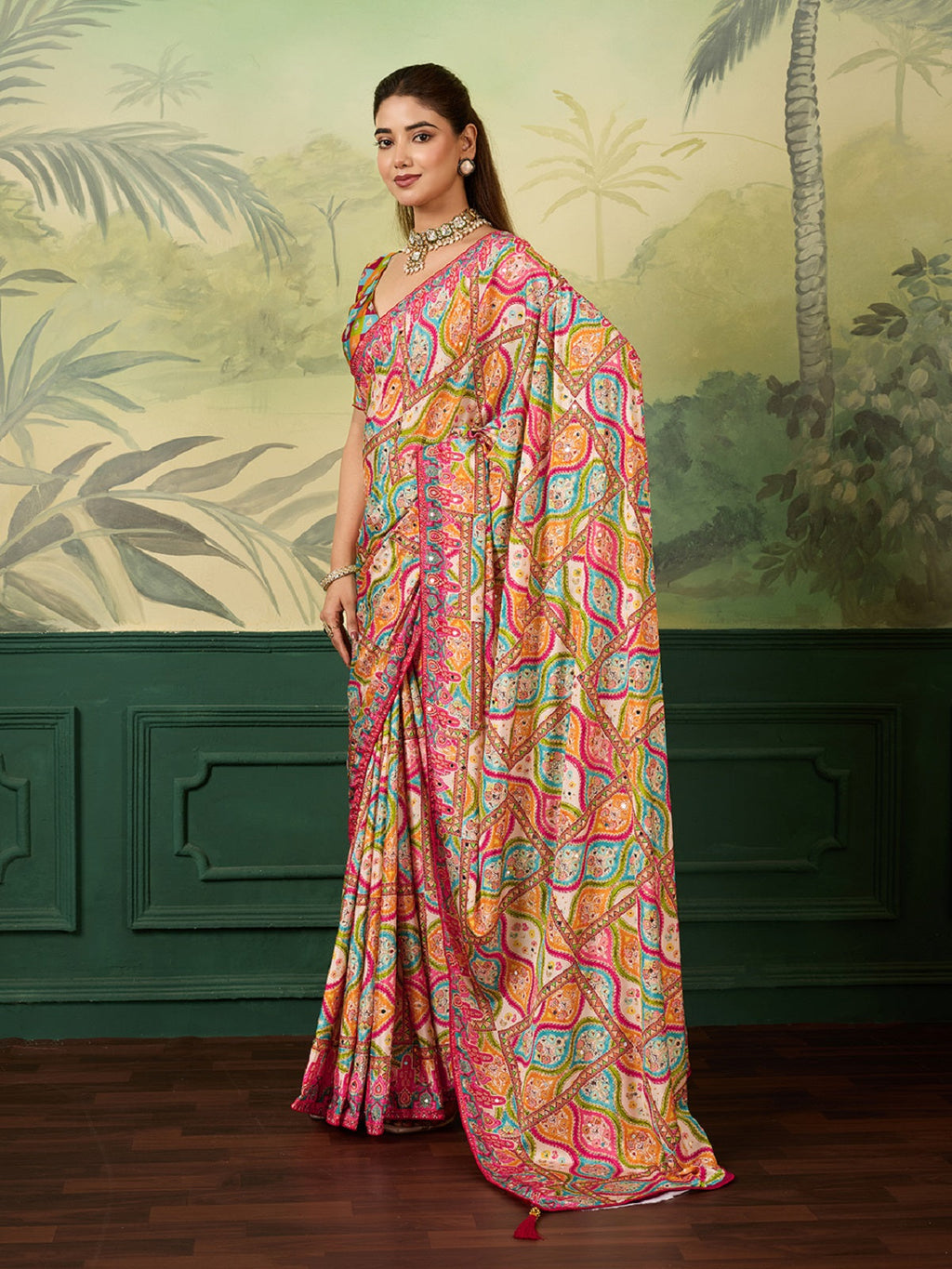 Dwija Fashion Women'S Pary Wear Printed Crep Silk Designer Saree With Unstitche Blouse-Multicolor | Grocsy