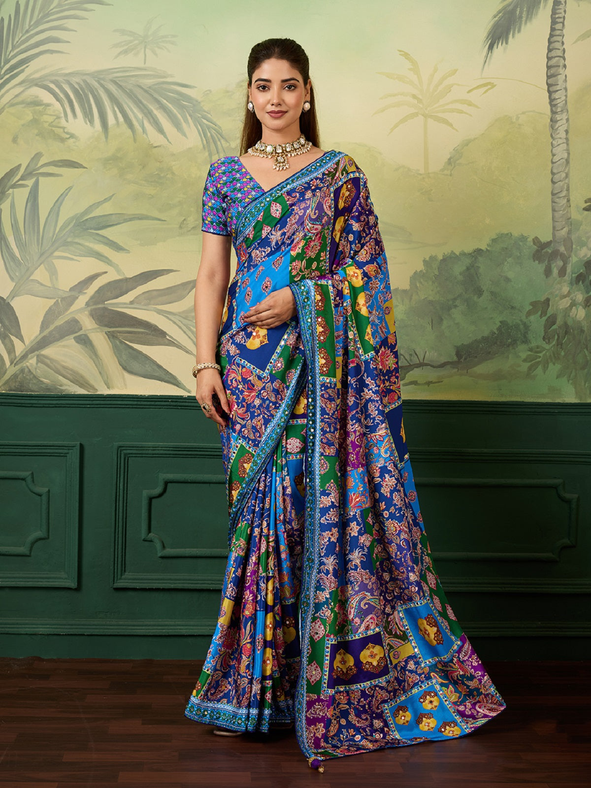 Dwija Fashion Women'S Pary Wear Printed Crep Silk Designer Saree With Unstitche Blouse-Blue | Grocsy