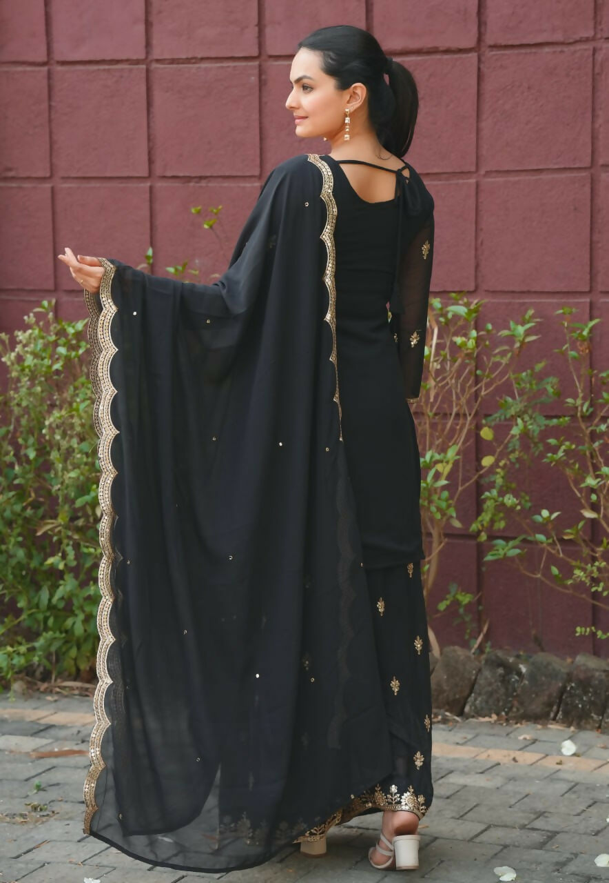 Teeya Creation Black Color Faux Georgette Embroidery Work Wedding Wear Palazzo Set | Grocsy