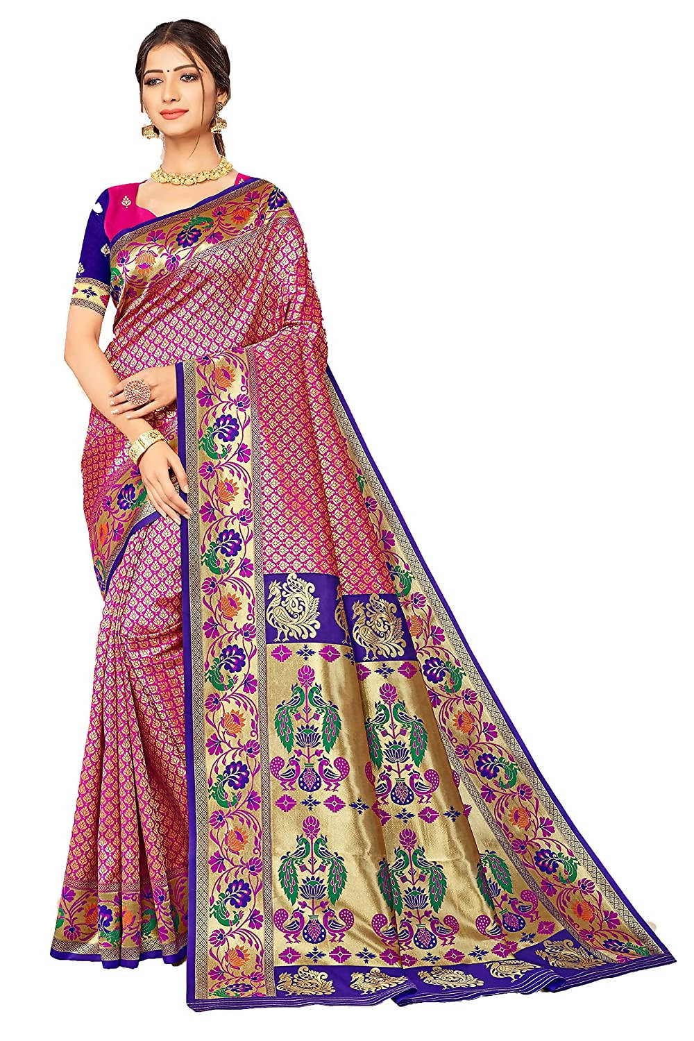 Jaanvi Fashion Women's Rani Blue Banarasi Paithani Silk With Zari Jacquard Work Saree With Blouse Piece | Grocsy