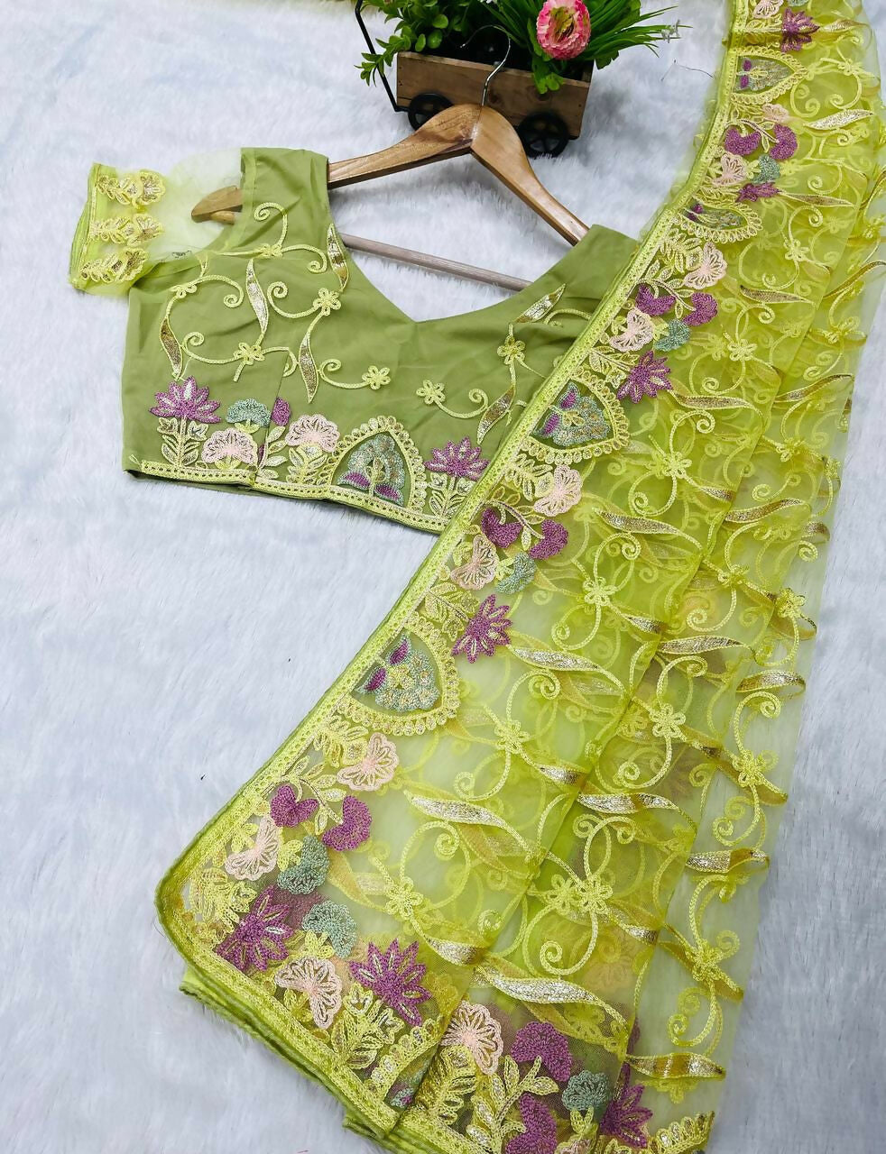 Vastranavya Soft Crush Georgette With Embroidery and Foil Multi Thread Work Saree - Light olive | Grocsy