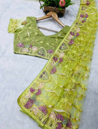 Vastranavya Soft Crush Georgette With Embroidery and Foil Multi Thread Work Saree - Light olive | Grocsy