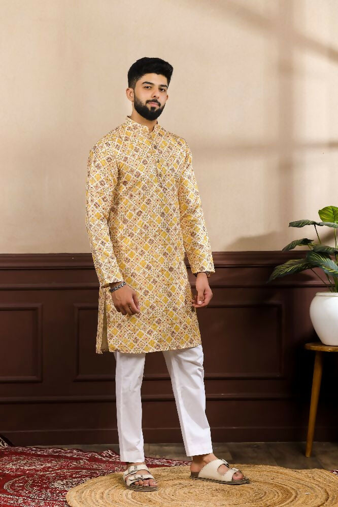 Mustard Art Silk Digital Printed, Embroidery Work Kurta Set - Mahotsav | Grocsy