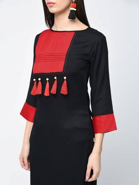 Aniyah Rayon Color Block Black Latest Straight Kurta With Tassels (AN-109K) | Grocsy