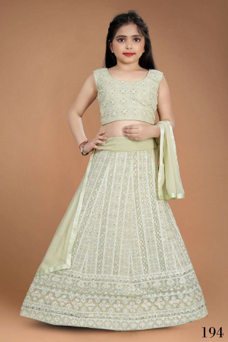 Wedding Designer Light Pista Heavy Fox Georgette Kidswear Lehenga - Aaradhna | Grocsy