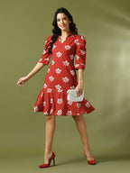 Myshka Women's Rust Printed Shirt Collar Fit and Flare Party Dress | Grocsy