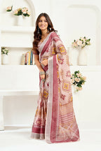 Vastranavya White Maroon Digital Printed Linen Ready To Wear Designer Saree with Unstitched Blouse | Grocsy
