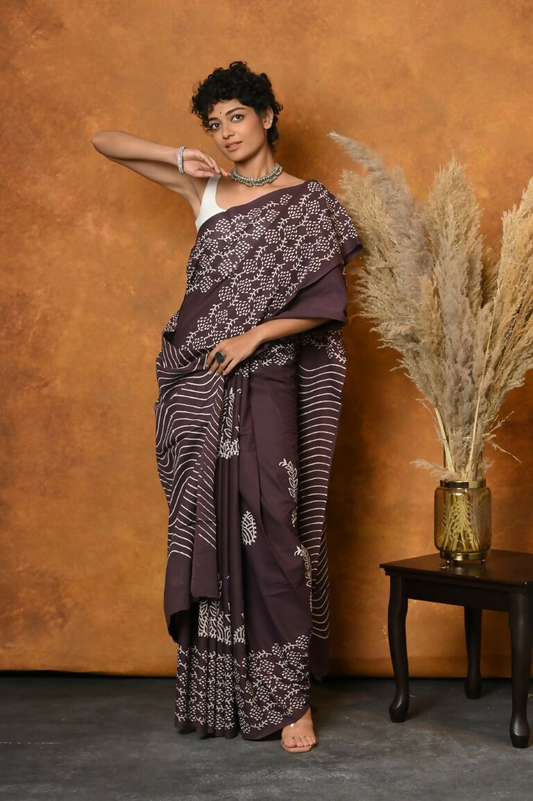 Very Much Indian Handblock Printed Cotton Saree With Natural Dyes - Brown | Grocsy