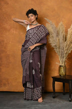 Very Much Indian Handblock Printed Cotton Saree With Natural Dyes - Brown | Grocsy