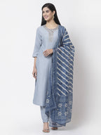 Myshka Women Light Blue Silk Blend Embroidered 3/4 Sleeve Round Neck Kurta Pant Dupatta Set | Grocsy