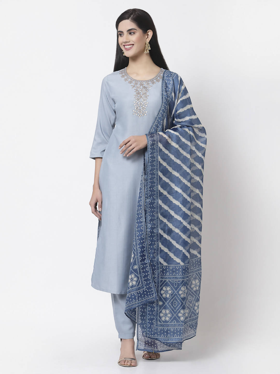 Myshka Women Light Blue Silk Blend Embroidered 3/4 Sleeve Round Neck Kurta Pant Dupatta Set | Grocsy