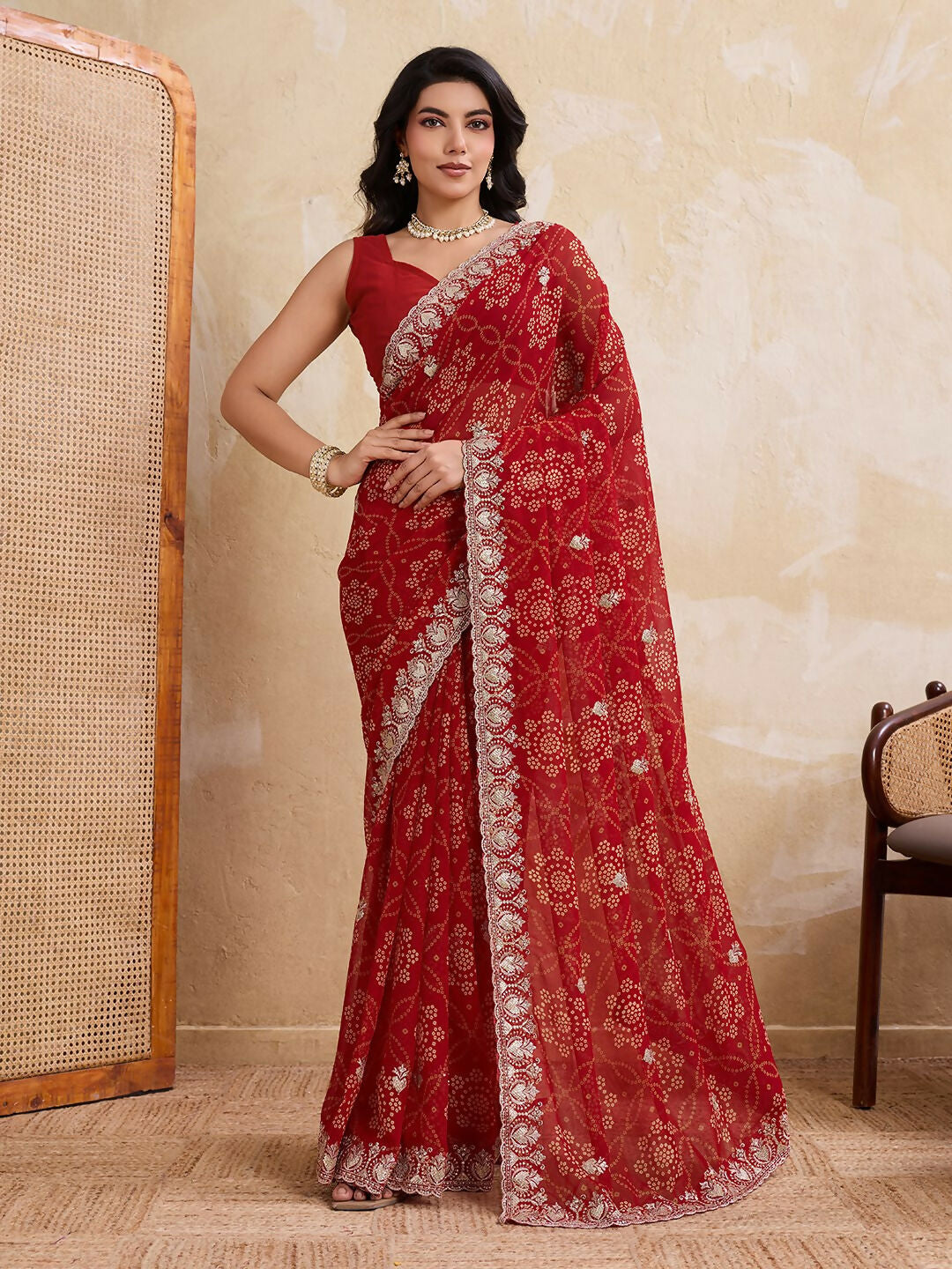 Teeya Creation New Trendy Leheriya Bandhani Georgette Saree For Daily Wear -Red | Grocsy