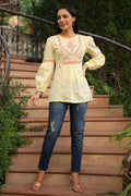 Juniper Women's Lemon Cotton Dobby Solid Embroidered Straight Tunic | Grocsy
