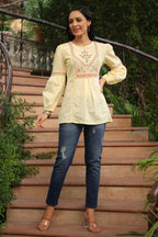 Juniper Women's Lemon Cotton Dobby Solid Embroidered Straight Tunic | Grocsy