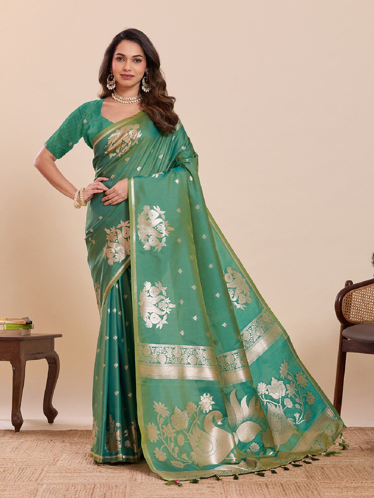 Dwija Fashion Green Wedding Wear Paithani Silk Jari Weaving On All Over Saree With Unstitched Blouse | Grocsy