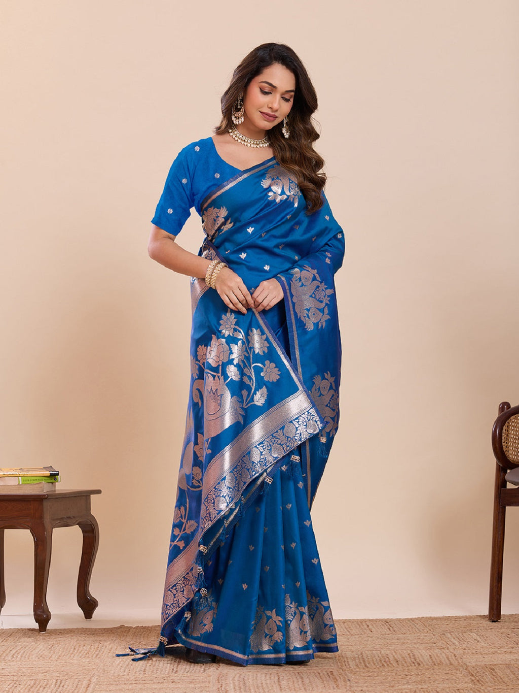Dwija Fashion Blue Wedding Wear Paithani Silk Jari Weaving On All Over Saree With Unstitched Blouse | Grocsy