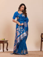 Dwija Fashion Blue Wedding Wear Paithani Silk Jari Weaving On All Over Saree With Unstitched Blouse | Grocsy