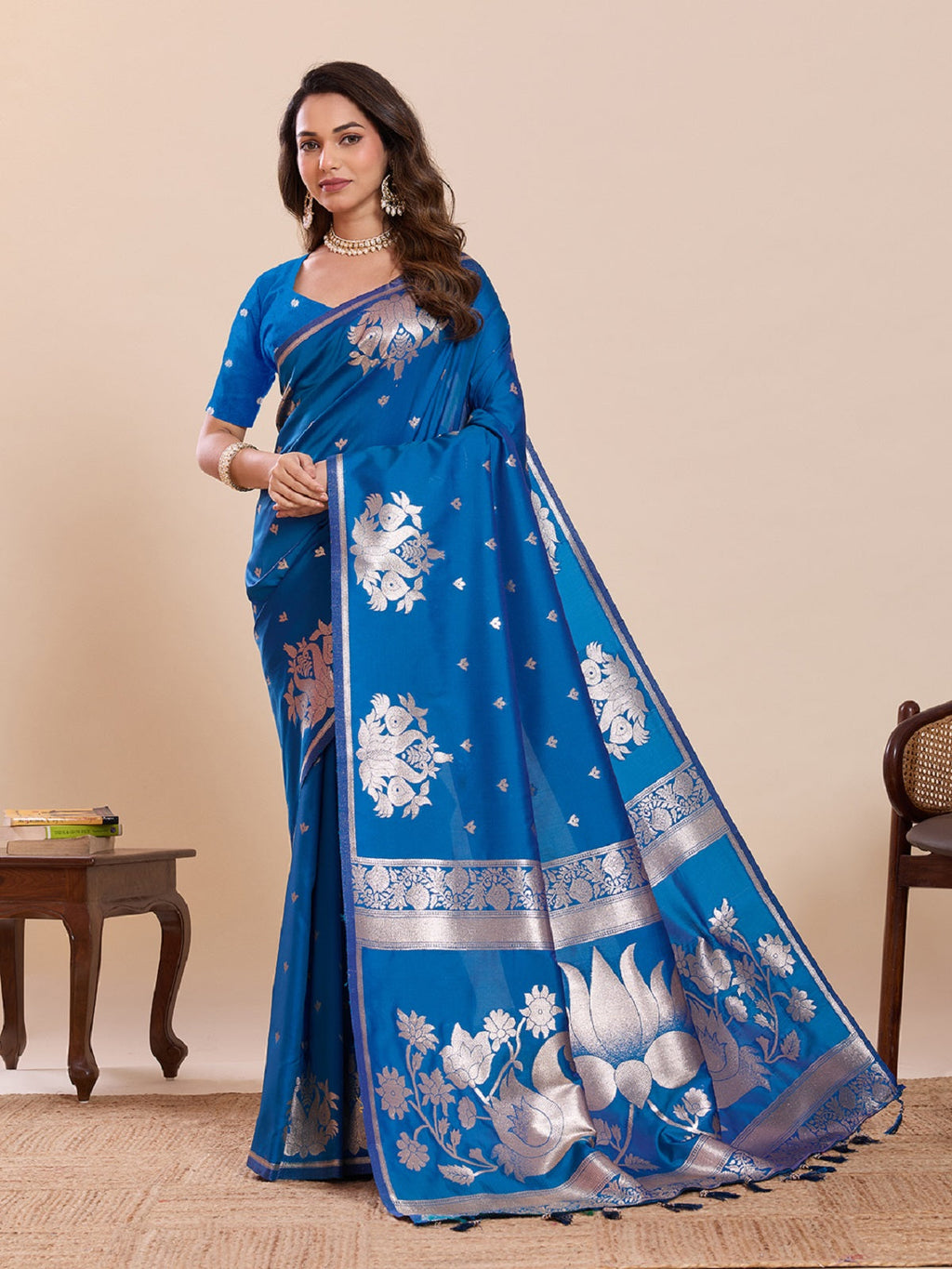 Dwija Fashion Blue Wedding Wear Paithani Silk Jari Weaving On All Over Saree With Unstitched Blouse | Grocsy
