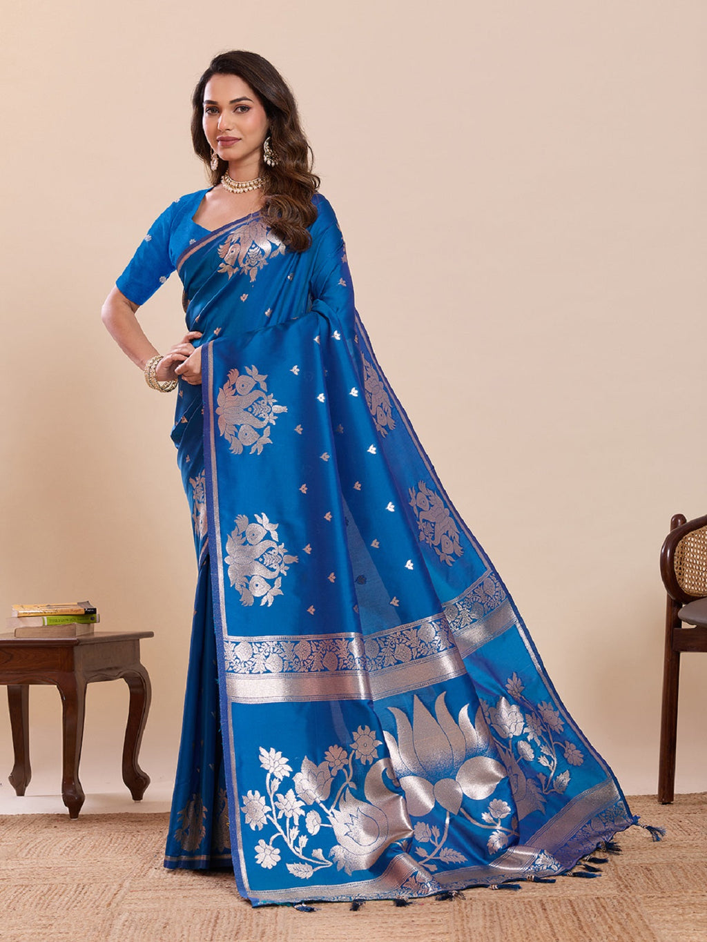 Dwija Fashion Blue Wedding Wear Paithani Silk Jari Weaving On All Over Saree With Unstitched Blouse | Grocsy
